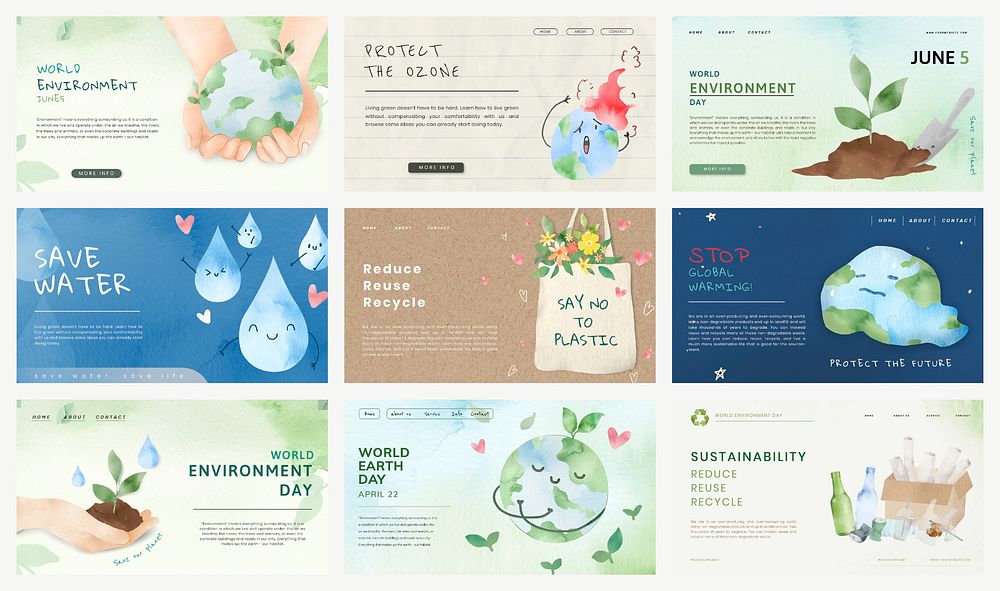 Editable eco-friendly template vector presentation in watercolor set
