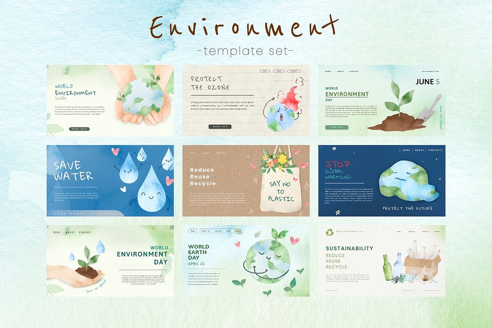 Editable eco-friendly template psd presentation in watercolor set