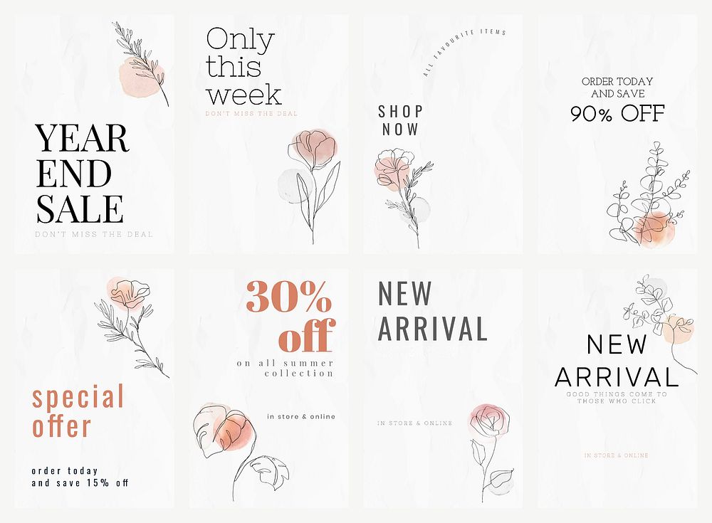 Sale templates vector for year end sale feminine line art social media ad set