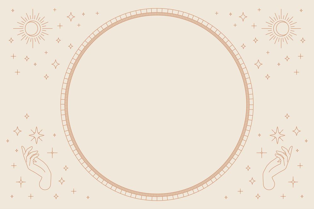 Two open hands vector round frame linear style on beige background