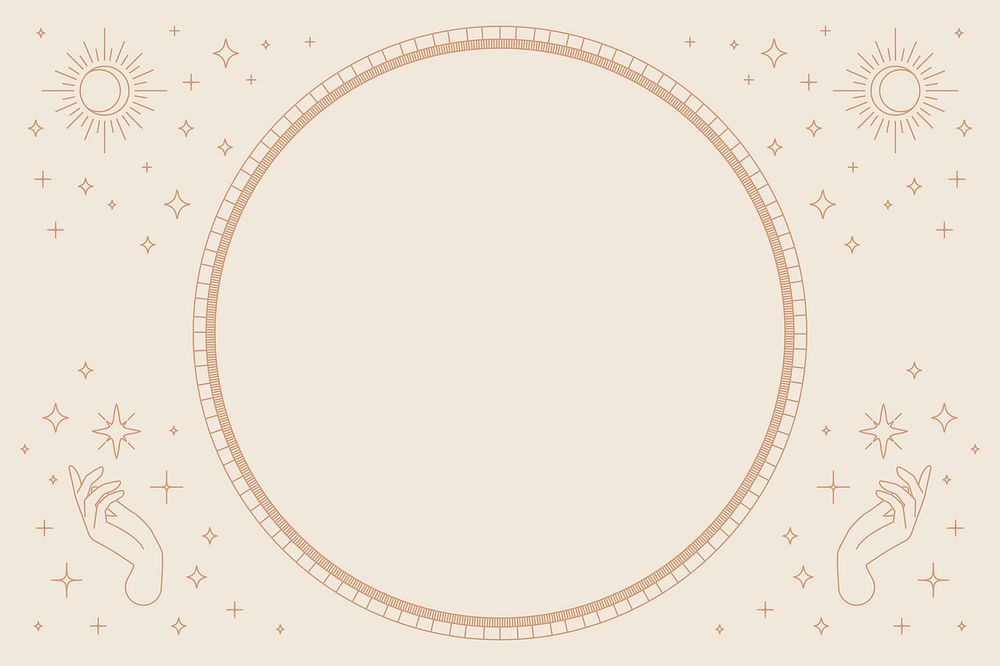 Two mystic hands psd round frame linear style on beige background