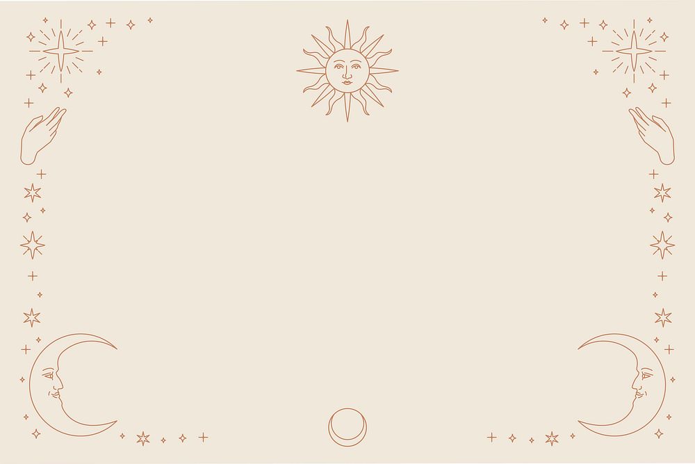 Gold celestial vector sun and crescent moon monoline background on beige