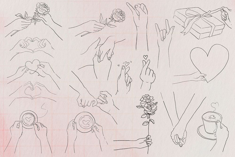 Valentine&rsquo;s and love hand gestures psd black and white illustration set