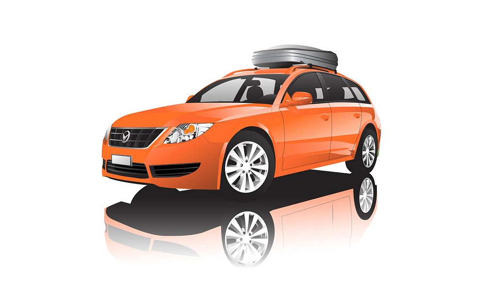 Orange SUV with a roof storage box vector
