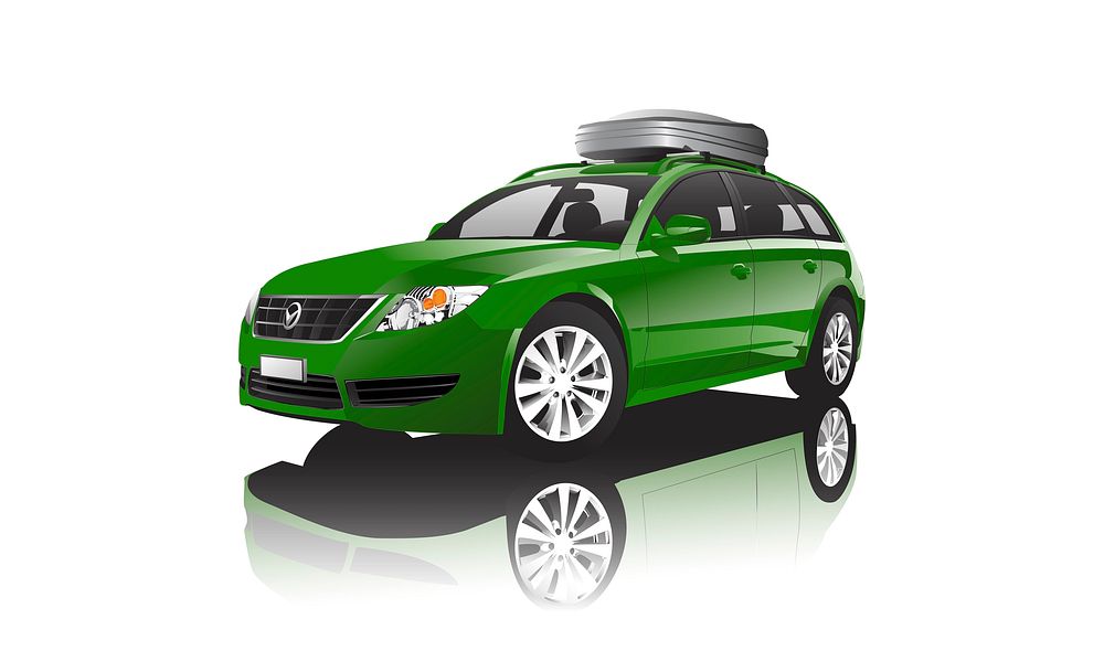 Green SUV with a roof storage box vector