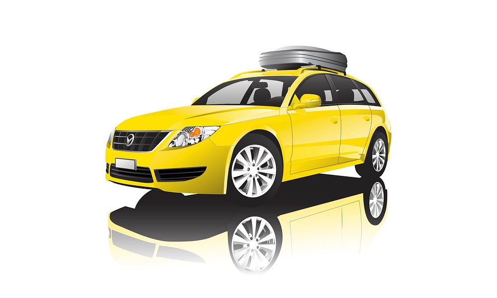Yellow SUV with a roof storage box vector