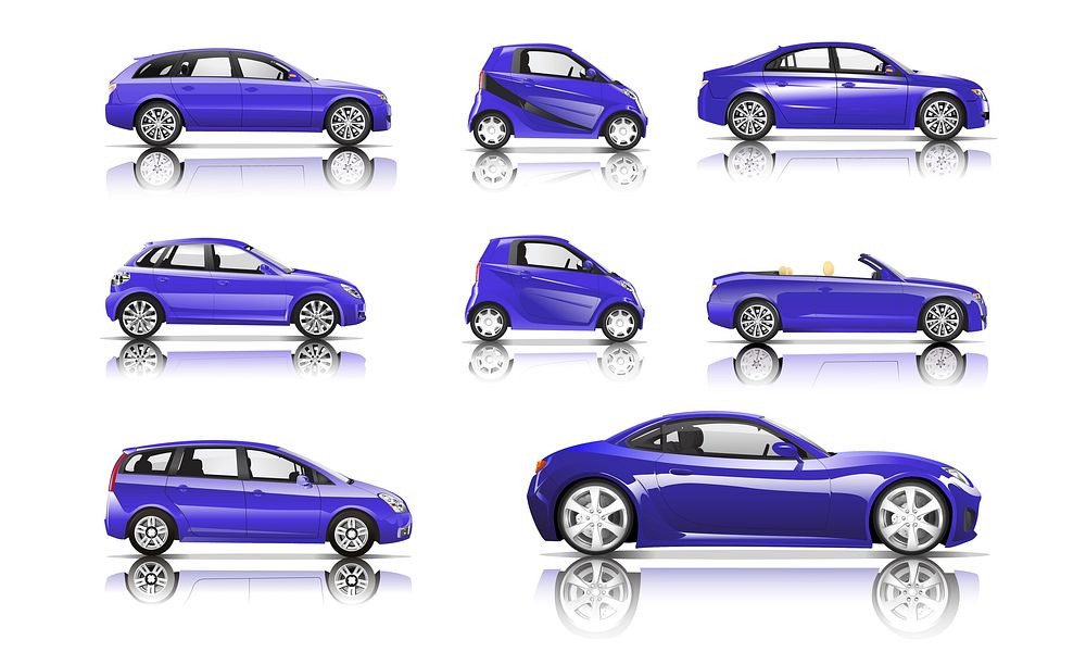 Three dimensional image of violet car isolated on white background