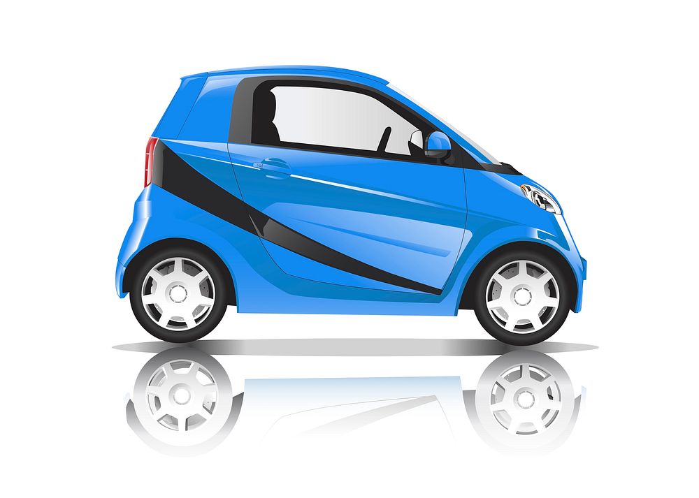 Three dimensional image of blue car isolated on white background
