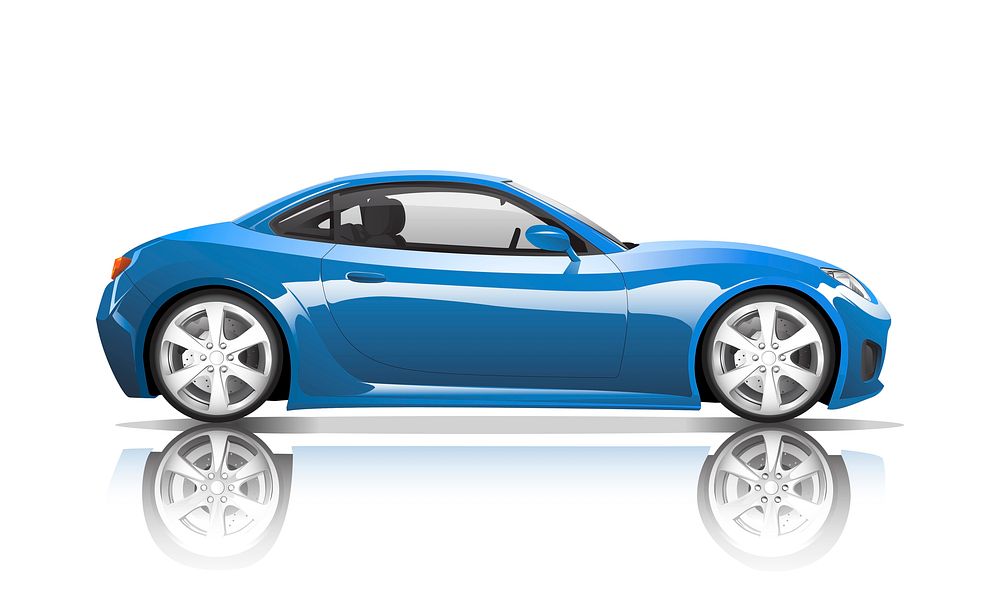 Three dimensional image of blue car isolated on white background