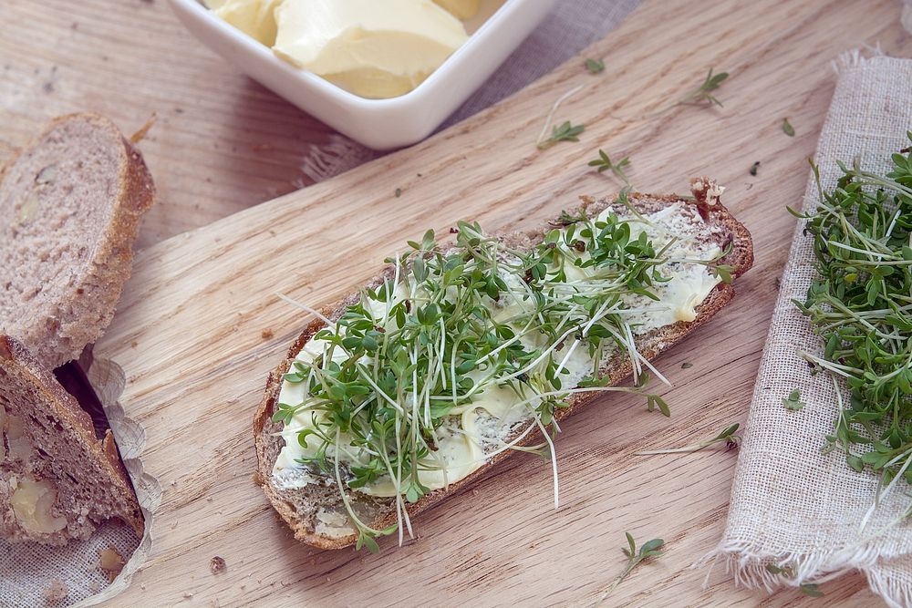 Free breakfast sandwich with white butter and sprouts image, public domain food CC0 photo.