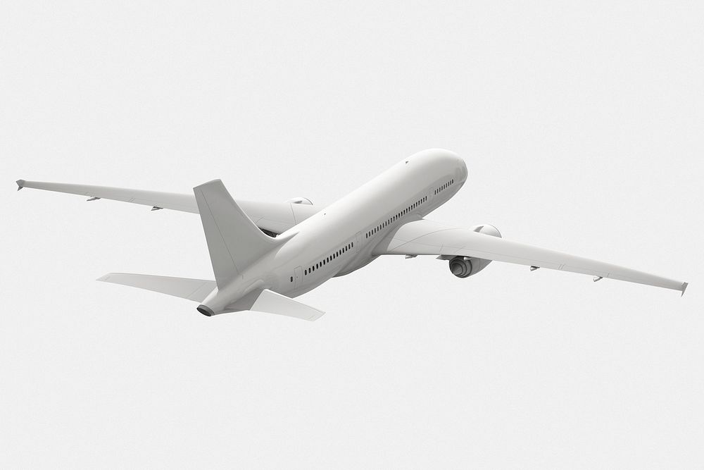 Flying airplane, 3D realistic vehicle in white 