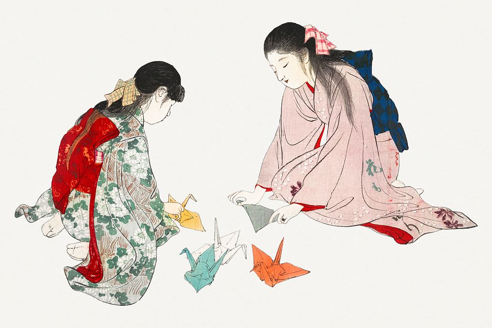 Young girls making paper cranes illustration
