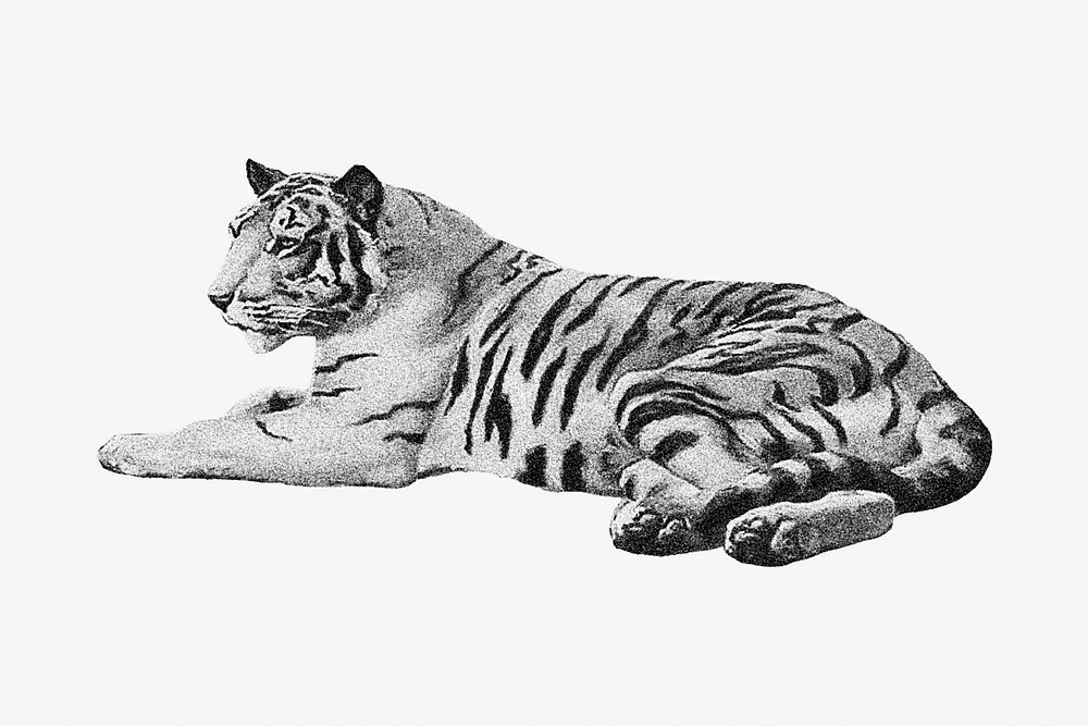 Vintage monochrome sitting tiger illustration