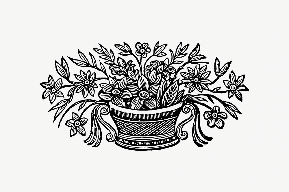Vintage Victorian style flowers in a pot engraving