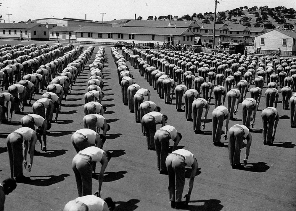 Soldiers doing calisthenics, Camp Roberts, California (1942). Original image from National Museum of Health and Medicine.…
