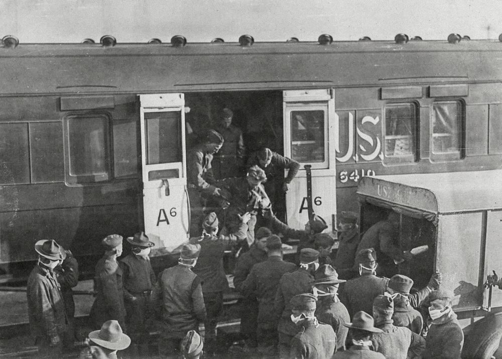 Hospital train 64, Allery, France, unloading a hospital train full of influenza patients during World War I. Original image…