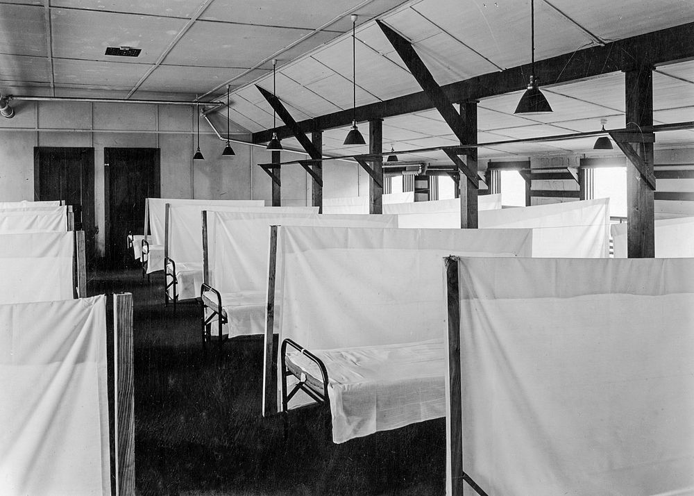 Barracks used as wards during influenza epidemic at Wilbur Wright Aviation Field (1918). Original image from National Museum…