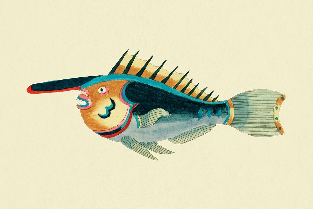 Vintage fish background, aquatic animal surreal illustration, remix from the artwork of Louis Renard
