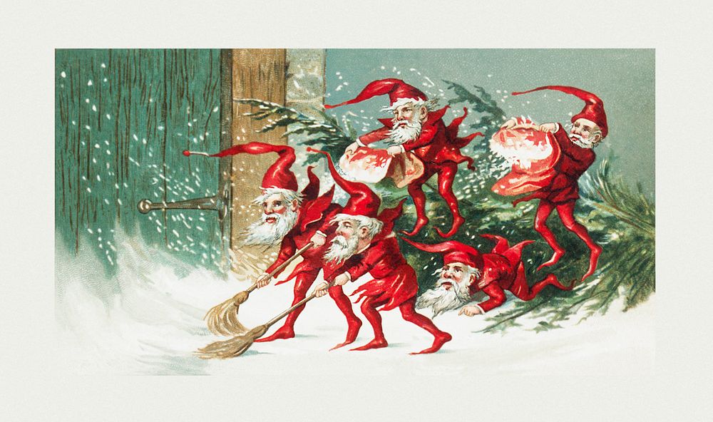 Santa elves sweeping snow from The Miriam and Ira D. Wallach Division Of Art, Prints and Photographs: Picture Collection…