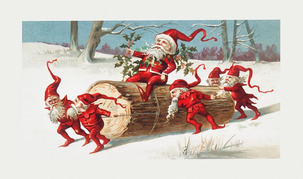 Santa elves sliding on a log from The Miriam and Ira D. Wallach Division Of Art, Prints and Photographs: Picture Collection…