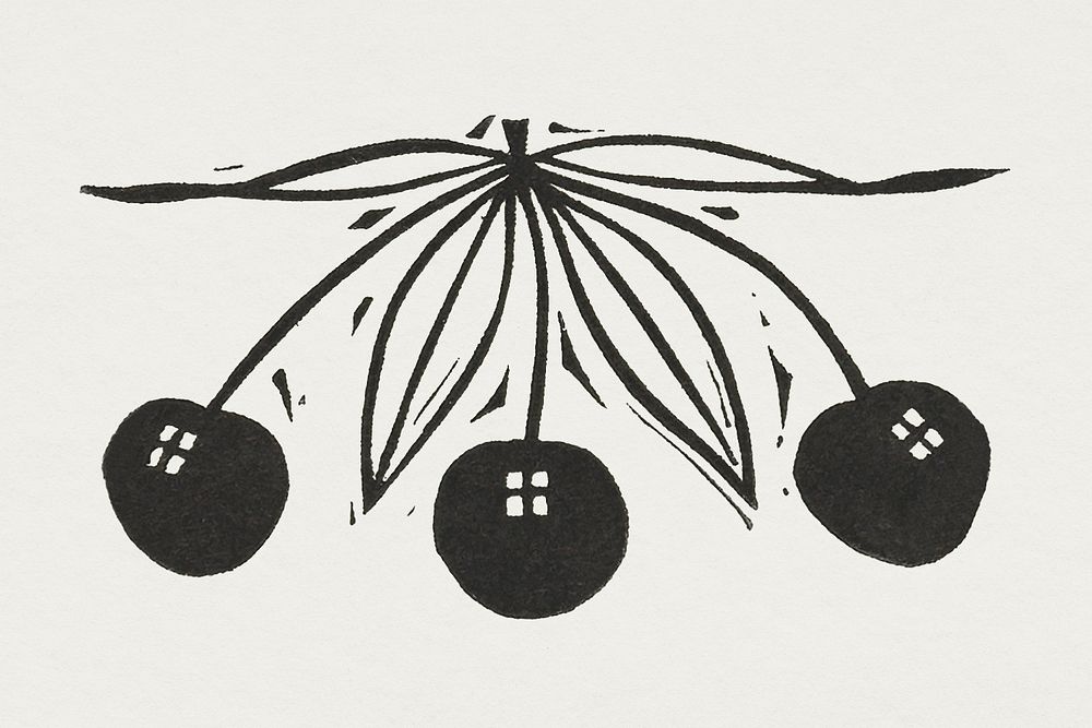 Cherries psd in black vintage print, remixed from artworks by Gerrit Willem Dijsselhof
