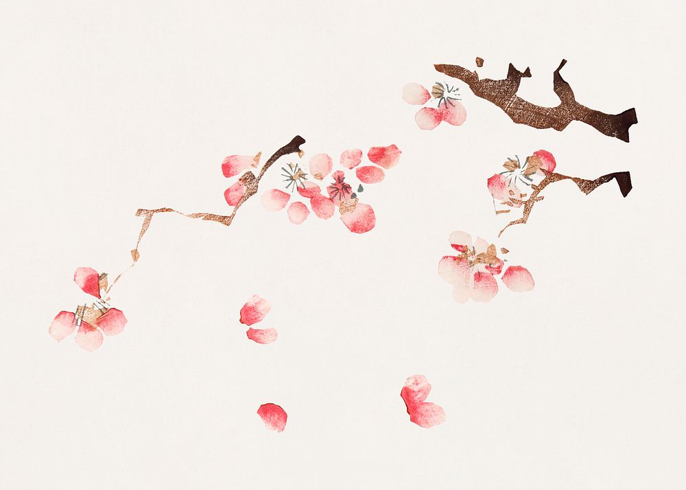Pink cherry blossom psd botanical art print, remixed from artworks by Hu Zhengyan