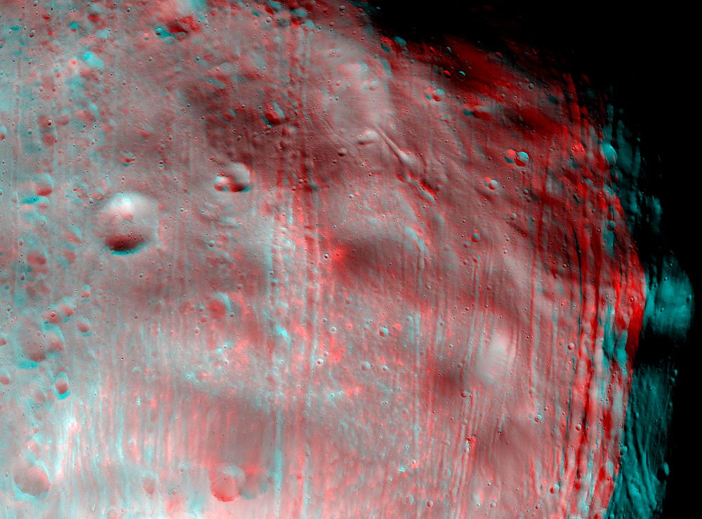The larger of Mars two moons, Phobos. 3D glasses are necessary to view this image. Original from NASA. Digitally enhanced by…