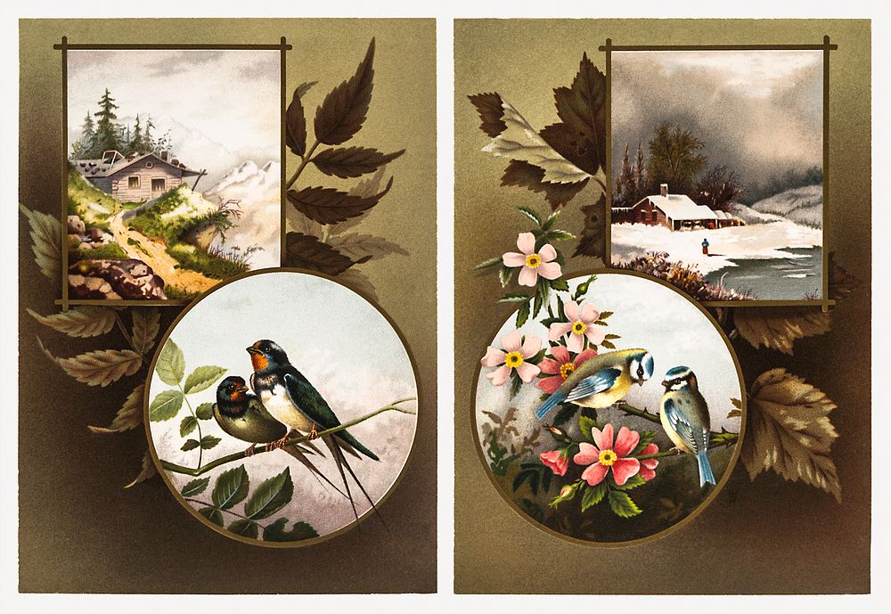 Christmas Card Depicting Winter Landscapes, Birds, and Flowers (1865&ndash;1899) by L. Prang & Co. Original from The New…