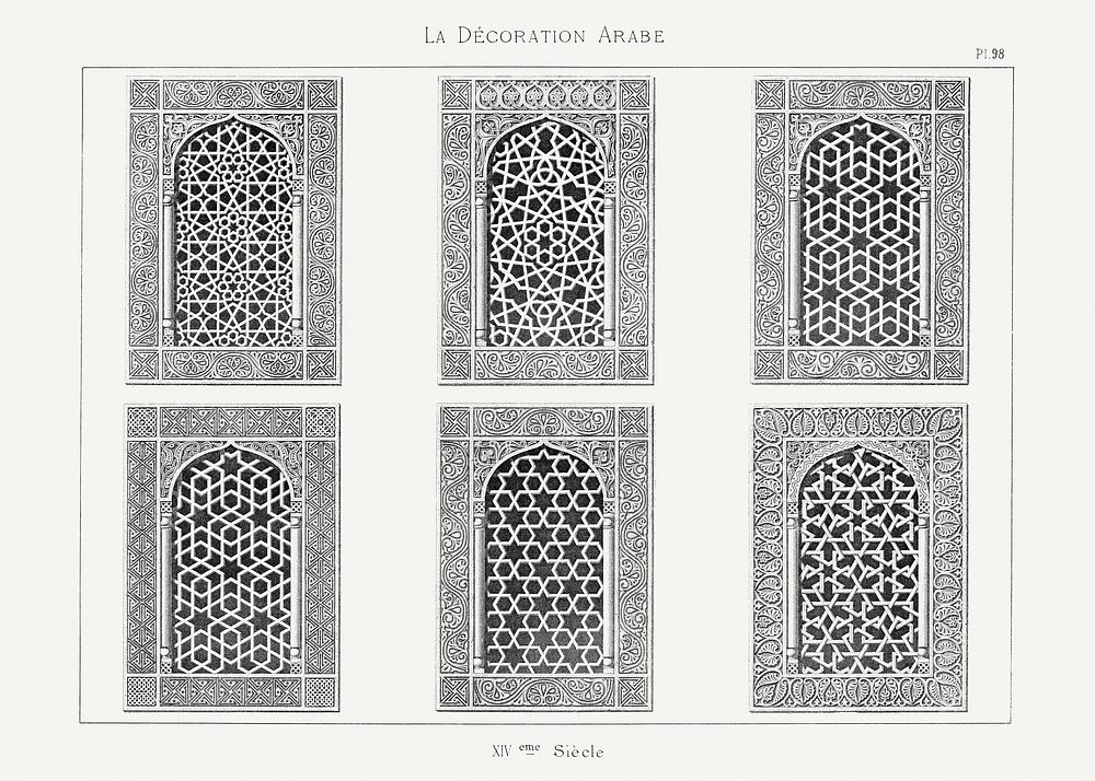 Vintage arabesque decoration, plate no. 98, Emile Prisses d&rsquo;Avennes, La Decoration Arabe. Digitally enhanced…