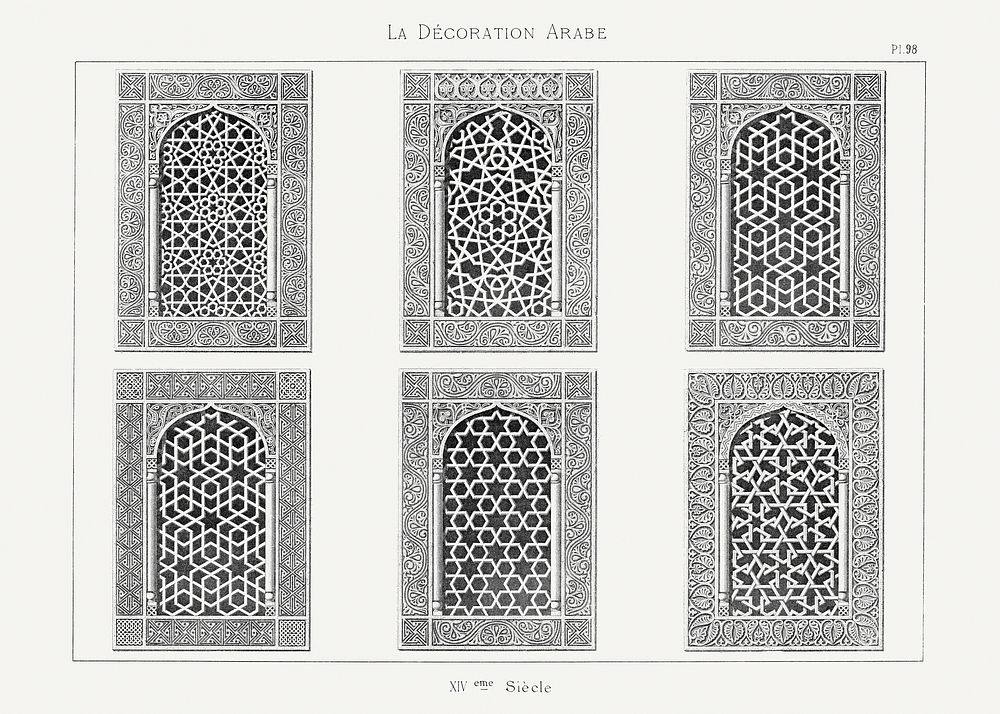 Vintage arabesque decoration, plate no. 98, Emile Prisses d’Avennes, La Decoration Arabe. Digitally enhanced lithograph from…