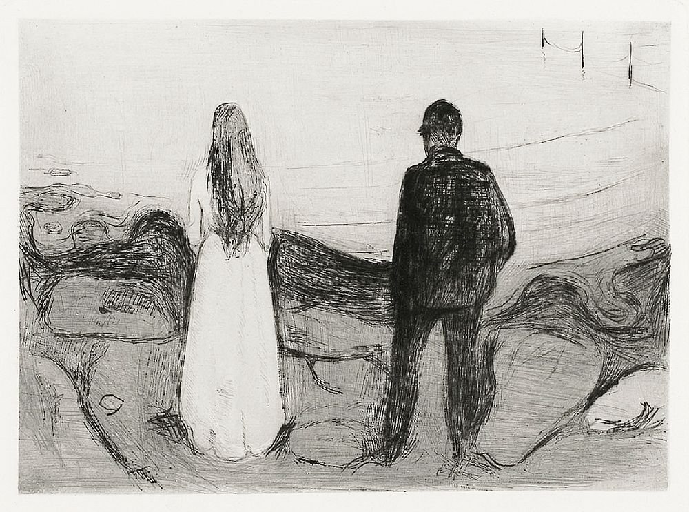Two Human Beings. The Lonely Ones (1894) by Edvard Munch. Original from The Art Institute of Chicago. Digitally enhanced by…