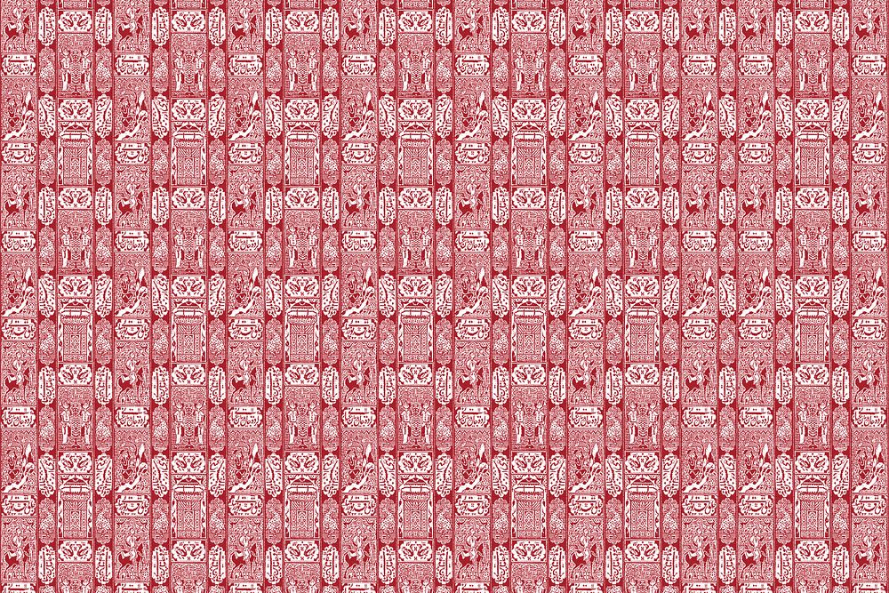 Vintage psd red textile pattern background, featuring public domain artworks