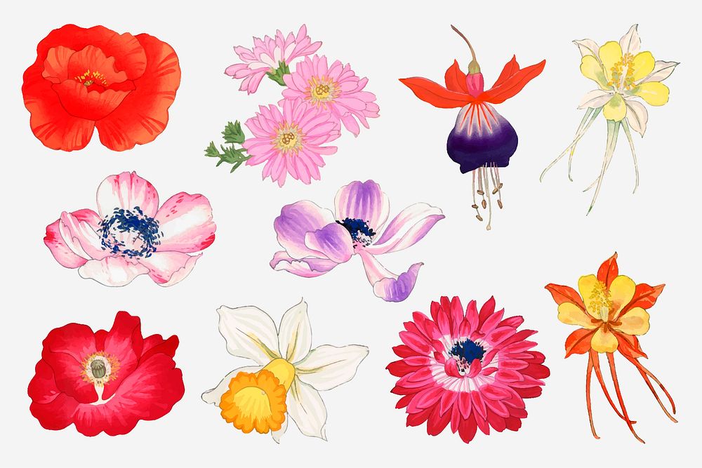 Flower collage element, floral Japanese woodblock art vector set