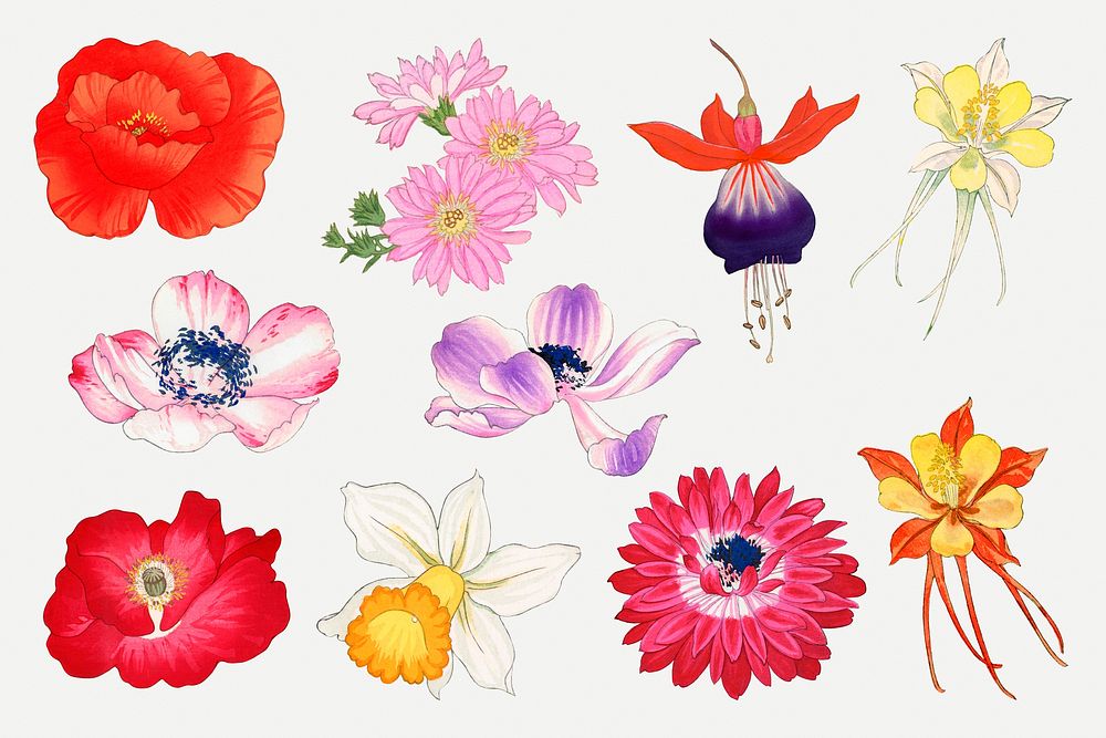Flower collage element, floral Japanese woodblock art psd set