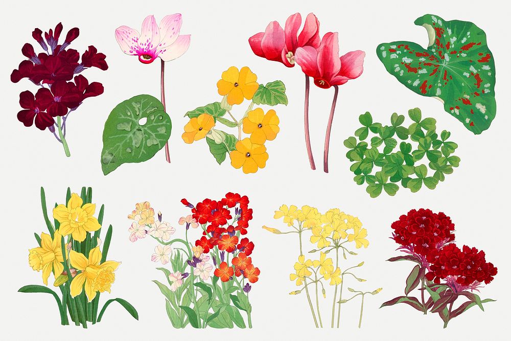 Flower illustrations, vintage Japanese art painting psd set