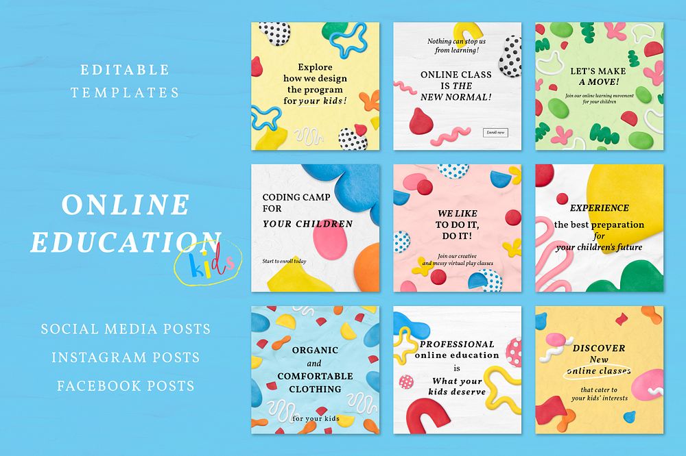 Kids online course template psd plasticine clay patterned social media ad set