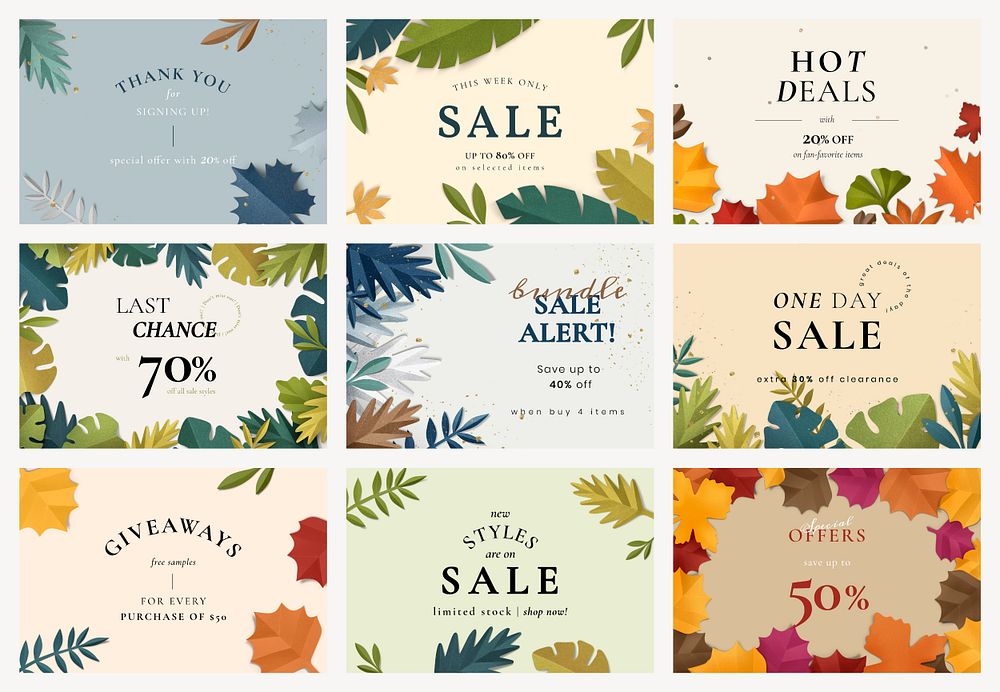Editable sale banner template psd in paper craft style set