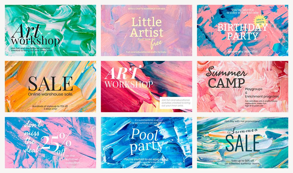 Acrylic paint textured template psd colorful aesthetic creative art banner set