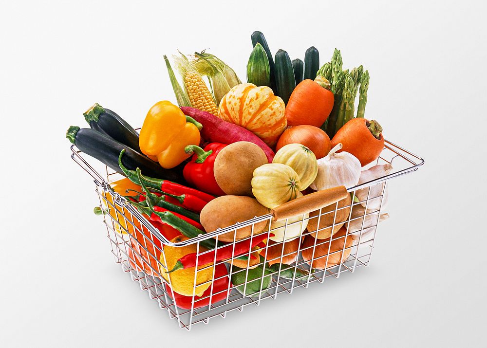 Vegetable basket clipart, healthy lifestyle shopping psd