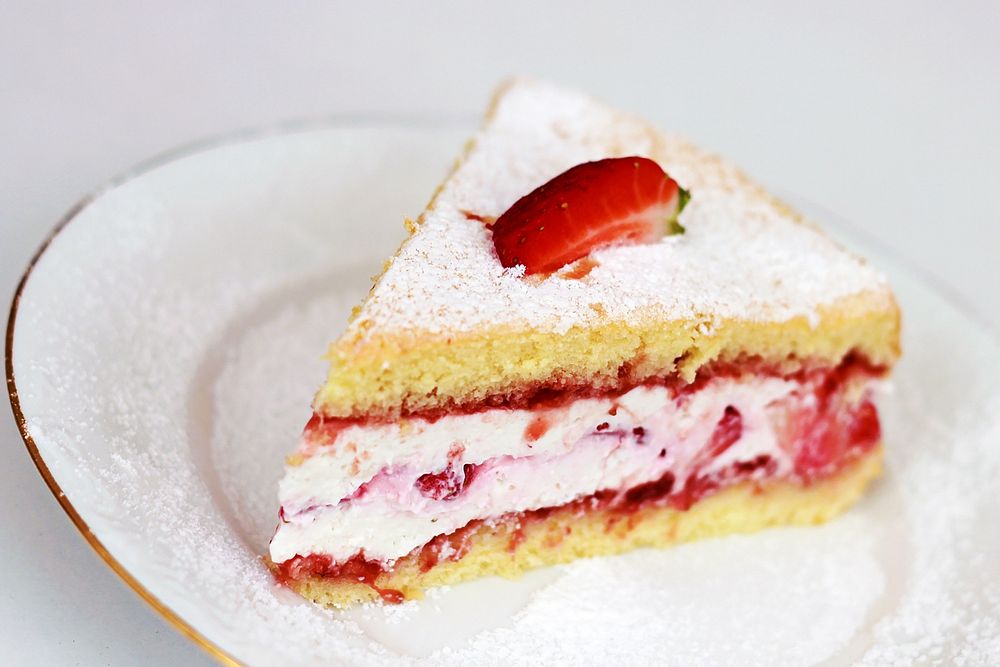 Free strawberry cake slice on plate image, public domain dessert CC0 photo.