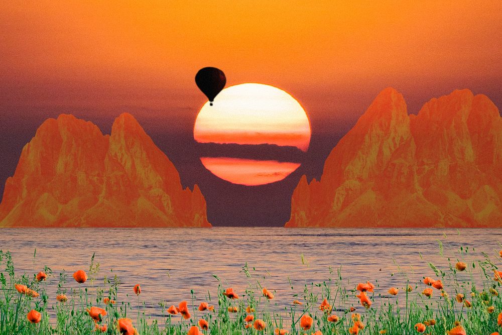 Aesthetic sunset, nature background, hot air balloon floating