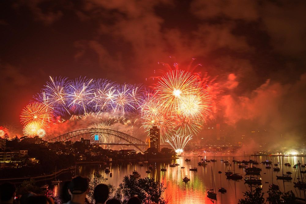 Free fireworks above river image, public domain CC0 photo.