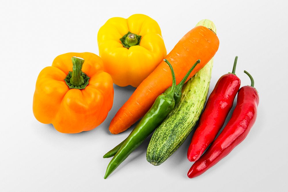 Organic chillies, peppers background, vegetables set
