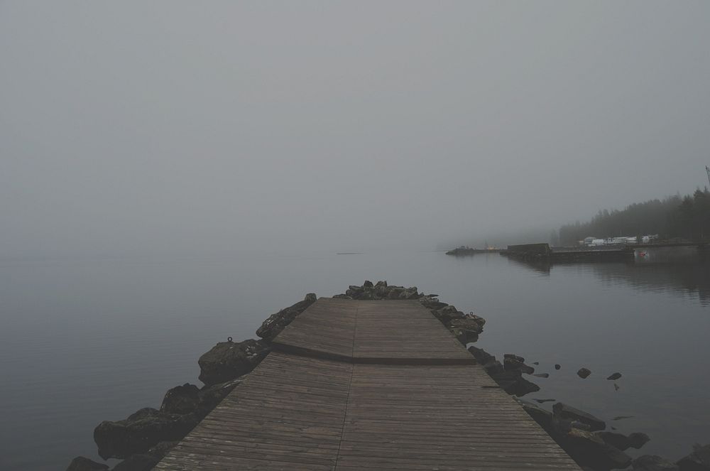 Hazy, misty, foggy lake boardwalk photo, free public domain CC0 image.