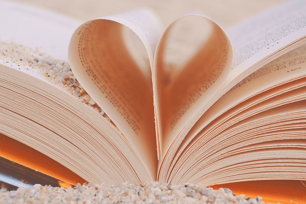 Free open book with heart shaped pages photo, public domain book CC0 image.