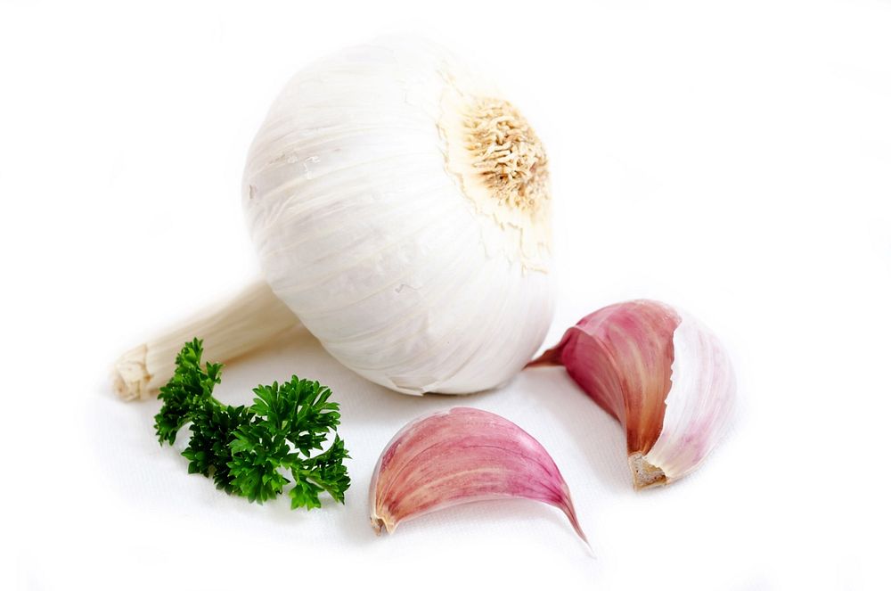 Free garlic and parsley on white background photo, public domain vegetables CC0 image.