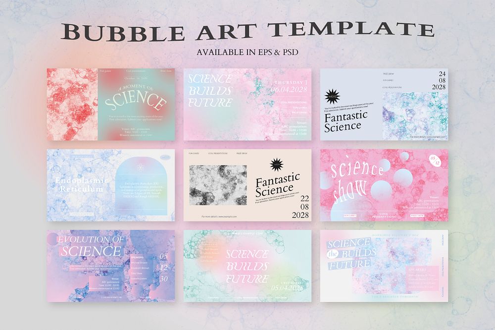 Aesthetic bubble art template psd science event colorful ad banners set