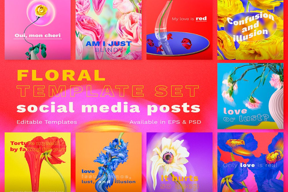 Floral PSD Instagram post templates, abstract colorful psychedelic art set