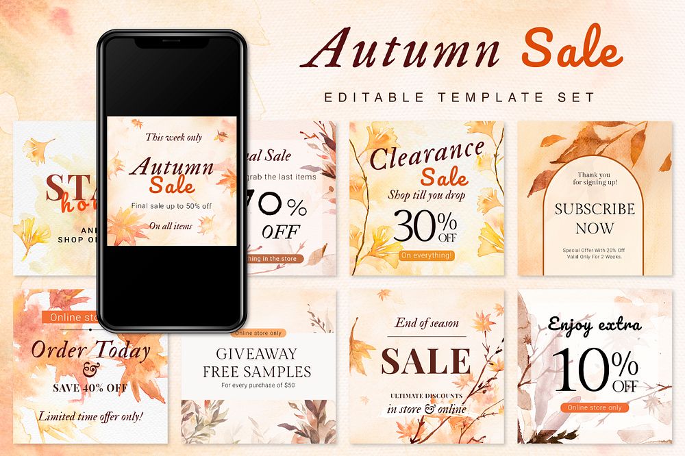 Aesthetic autumn sale template psd social media ad set