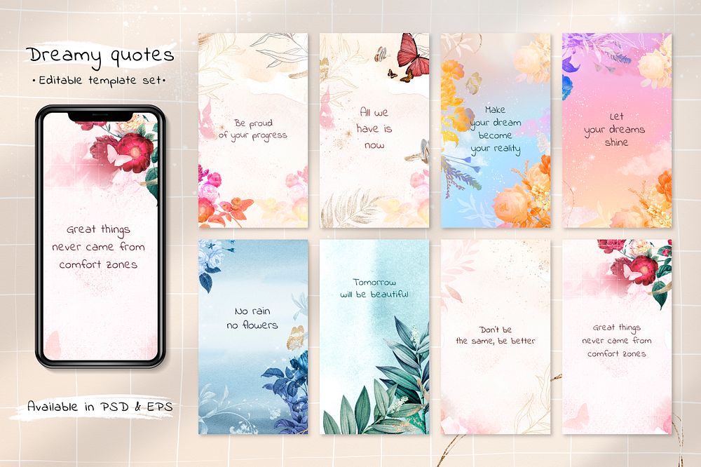 Instagram story templates, psd set flower inspirational quotes, remixed from vintage public domain images